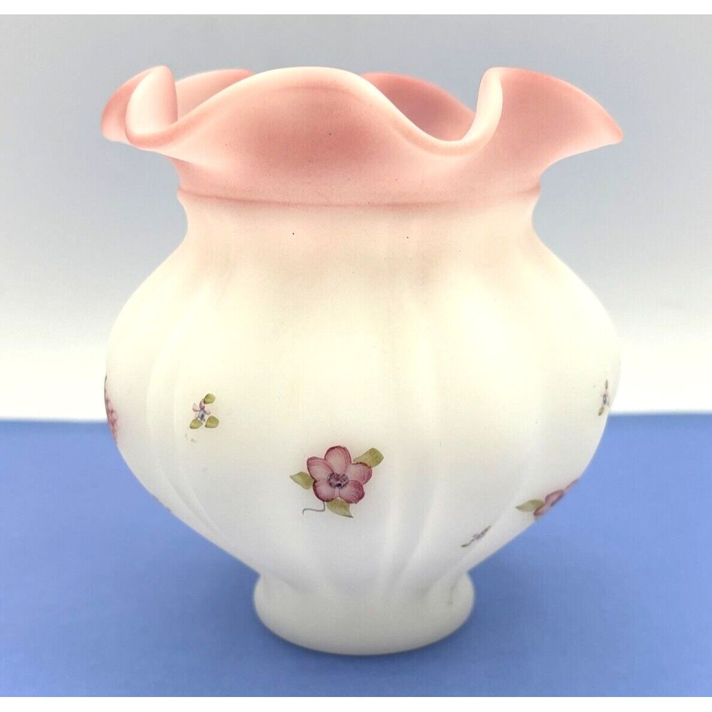 Fenton White Satin Sm Vase Romantic Country Berries & Blossoms Opaque Signed EUC